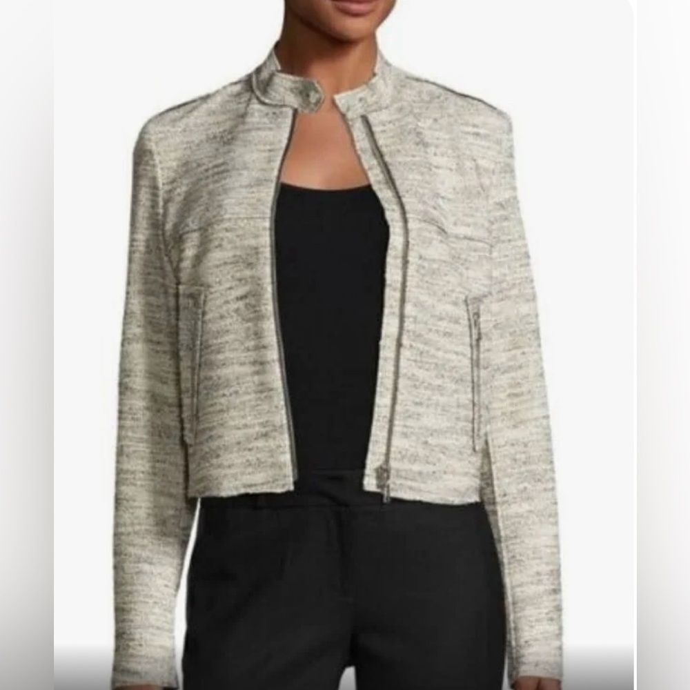 THEORY Bavewick Branson Moto Jacket Nubby Black/Cream Raw Hem. Zipper Front.